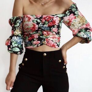 Zara Floral Off-Shoulder Crop Top